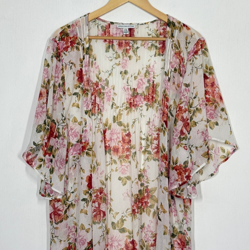 American Eagle Kimono Duster Womens L/XL White Floral Open Front Sheer Pleated - Picture 3 of 8